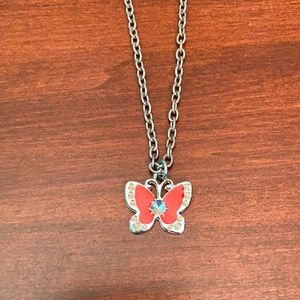 Silver and Red Butterfly Necklace